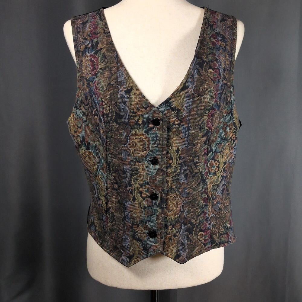 Vintage Embroidered Tapestry Floral Sleeveless Button Cottage Vest Womens Large